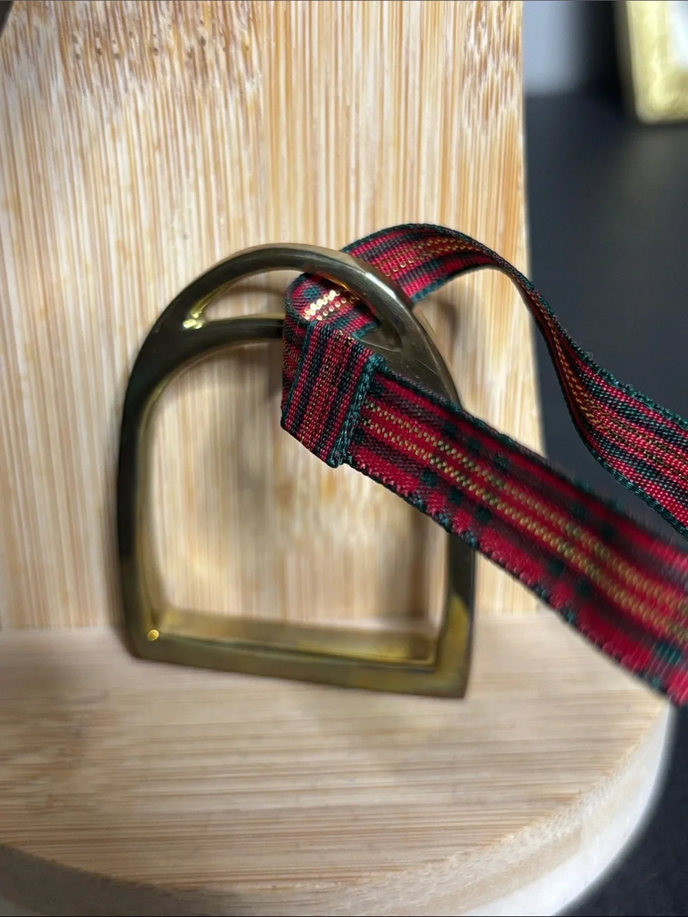 Lauren Ralph Lauren Green Suede Pouch with Red Plaid Stirrup Ornament
